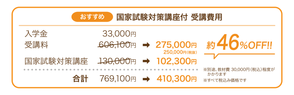 おすすめ！国家試験対策講座付 受講費用

入学金　33,000円
受講料　606,100円が、275,000円（250,000円(税抜)）
国家試験対策講座　130,000円が、102,300円

合 計 通常769,100円のところ
キャンペーン特別価格として、約46％OFFの41,0300円 にてご案内いたします。

※すべて税込み価格です
※別途、教材費30,000円（税込）程度がかかります